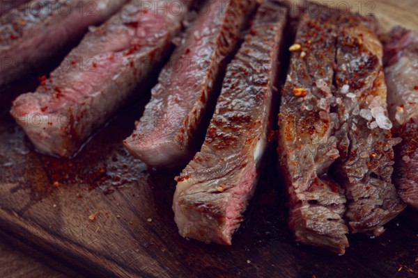 Medium rare, sliced rib eye steak, grilled cowboy steak, on a chopping board, close-up, homemade, top view, no people