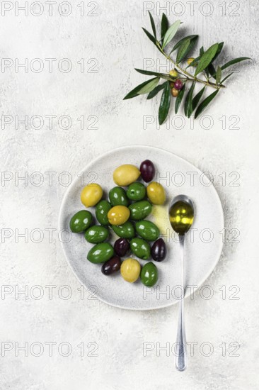 A mix of olives, a variety of Chalkidiki, verdi giganti and Kalamata, on a plate with a spoonful of olive oil, top view, no people
