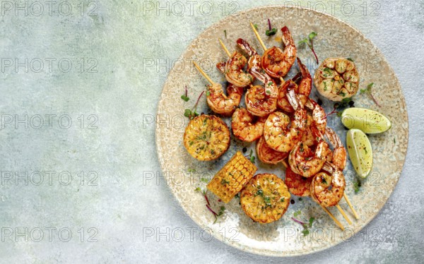 Tiger prawns on skewers, shrimp kebab, with corn, fried, homemade, no people