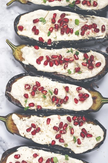 Fried eggplant with sauce, decorated with microgreens and pomegranate seeds, eggplant appetizer, top view, homemade, no people