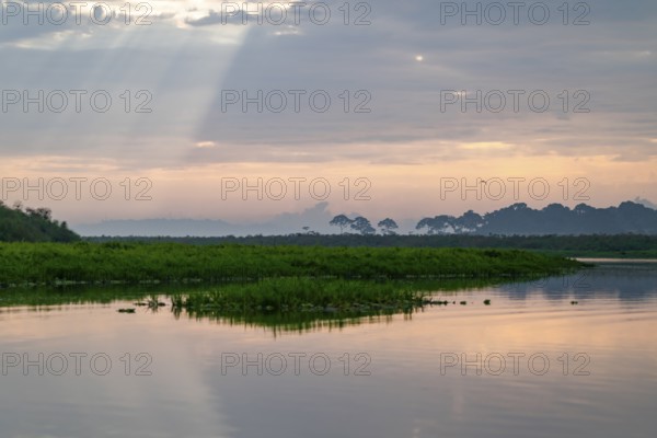 Morning atmosphere, reflection in Lake Victoria, sunbeams and cloudy sky, Mabamba Swamp, Lake Victoria, Uganda