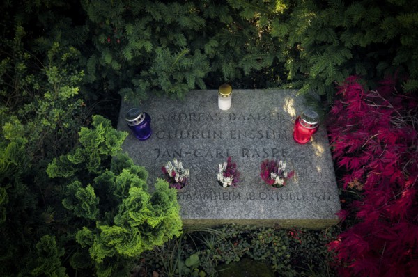 Grave, tomb, burial place of RAF Red Army Faction members, terrorists, Andreas Baader, Gudrun Ensslin, Jan Carl Raspe, buried after suicide on the night of death on 18 October 1977, Stammheim Prison, Dornhalden Cemetery, Stuttgart, Baden-Württemberg, Germany