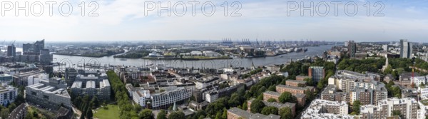 Panorama, city view, view of the Elbe with Elbe Philharmonic Hall, Hamburg harbour and skyscraper Dancing Towers, from the tower of St. Michael's Church, Hamburg, Germany