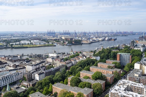 City view, view of the Elbe with Hamburg harbour, from the tower of St. Michael's Church, Hamburg, Germany