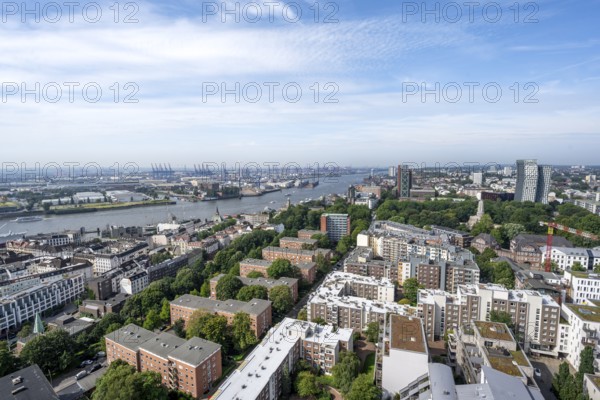 City view, view of the Elbe with Hamburg harbour and skyscraper Dancing Towers, from the tower of St. Michael's Church, Hamburg, Germany