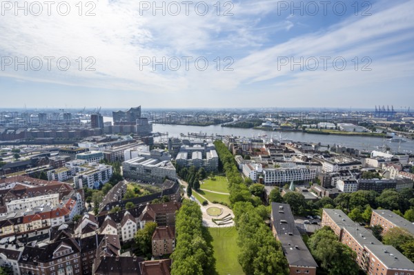 City view, view of the Elbe with Elbphilharmonie, from the tower of St Michael's Church, Hamburg, Germany