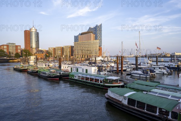 Boats in the City Sports Harbour on the Elbe, in the background Speicherstadt with Elbphilharmonie and Columbus Haus, in the evening light, Hamburg, Germany