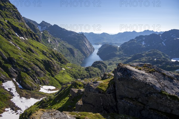 Picturesque mountain landscape, Trollfjord and Raftsund fjord, hike to Trollfjord Hytta, Lofoten, Nordland, Norway