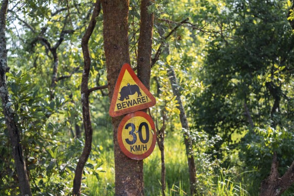 Traffic sign, Attention rhino, Animal welfare, Ziwa Rhino Sanctuary, Uganda