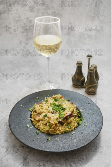 A plate of risoni pasta featuring flavorful porcini mushrooms is garnished with fresh herbs