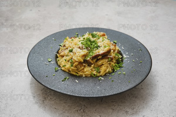 A delicious dish of risoni with porcini mushrooms is served in a sleek black bowl. Fresh herbs and grated cheese garnish the meal, showcasing a blend of flavors ideal for a cozy dinner