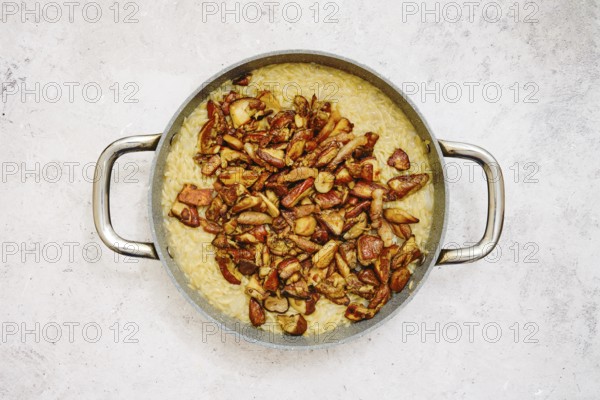 Risoni pasta is perfectly cooked and served in a large pan. It is generously topped with golden-brown fried porcini mushrooms, creating a hearty dish ideal for any meal