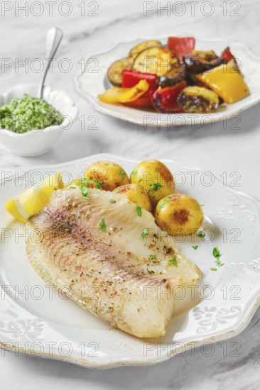 Delicious fillet of fish is plated beside roasted vegetables and seasoned baby potatoes. Fresh lemon and a green pesto sauce add vibrant flavors. Carefully prepared for a satisfying meal