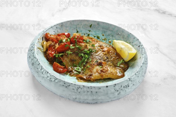 Juicy roasted red seabream fillet with tomatoes and herbs on a modern plate
