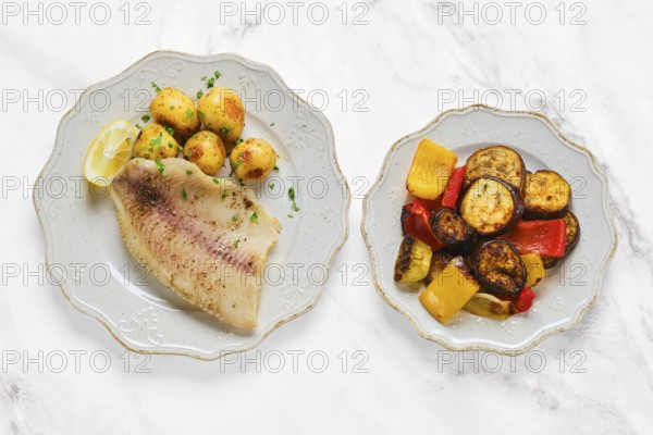 A beautifully plated dish features grilled white fish alongside tender baby potatoes and a colorful mix of roasted vegetables. The meal is garnished with fresh herbs and lemon