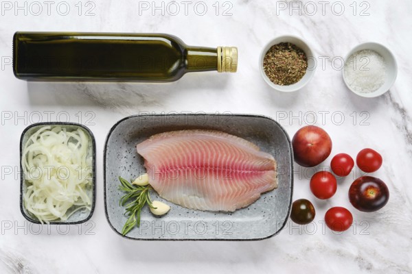 Fresh red seabream fish fillet on a gray plate surrounded by olive oil, tomatoes, onions, herbs, spices, and salt. Perfect setup for cooking a nutritious dinner in a modern kitchen