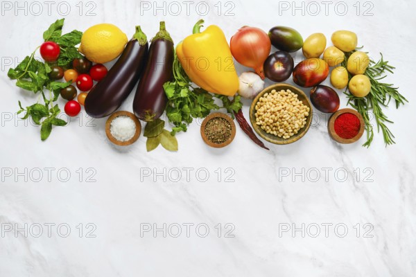 A colorful spread of fresh vegetables and herbs includes tomatoes, eggplants, cucumbers, bell peppers, potatoes, and various spices arranged on a light marble countertop in a kitchen
