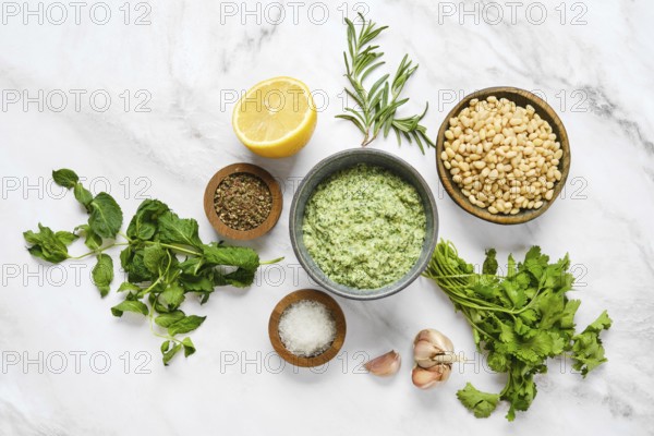 Various fresh herbs and ingredients are neatly organized on a marble surface, ready for sauce preparation. The setup includes mint, lemon, garlic, pine nuts, and salt surrounded by green herbs