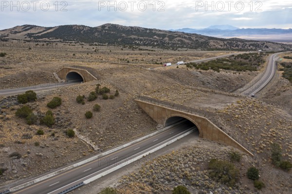 Wells, Nevada - A wildlife overpass on Interstate 80 east of Wells allows elk, deer, mountain lions and other animals to safety cross the freeway, reducing collisions with vehicles