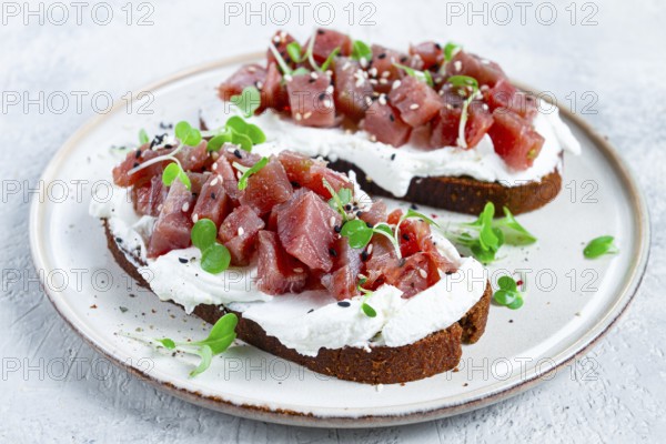 Sandwiches, rye bread with cream cheese, sliced tuna fillet with herbs, breakfast, homemade