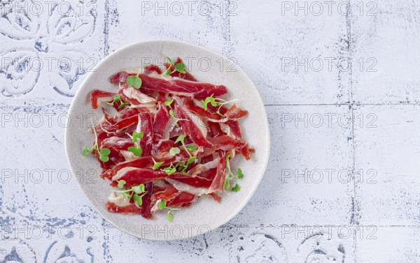 Ham of duck breast, dried duck fillet, with microgreens, plate, on a tiled table