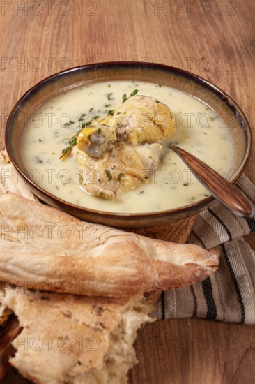 Chikhirtma chicken soup, Georgian dish, with lavash, top view, no people