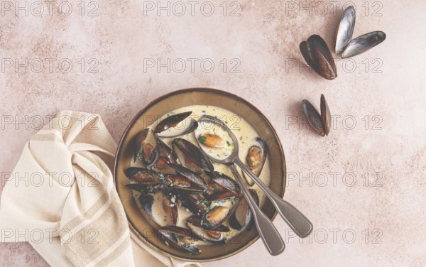 Mussels in creamy garlic sauce, served with fresh herbs and spices, homemade, no people