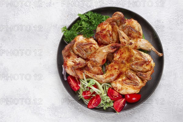 Baked quail, served on a plate with crispy lettuce leaves, fresh tomatoes and herbs, on a dark plate, homemade