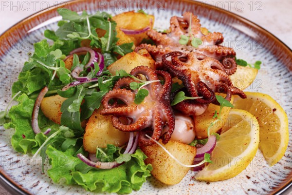 Grilled octopus with baked potatoes and fresh herbs, on a decorative plate, homemade