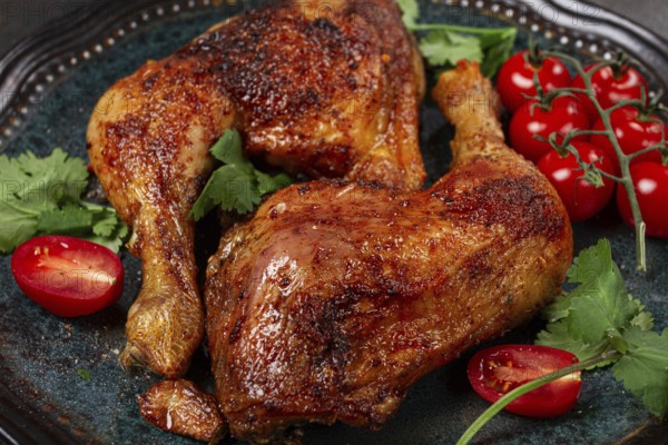 Grilled fried chicken legs, served with fresh cherry tomatoes and herbs, on a plate, homemade, no people