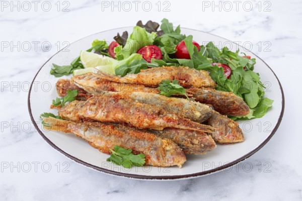 Fried crispy mullet fish, with fresh salad, on a plate with lime, no people