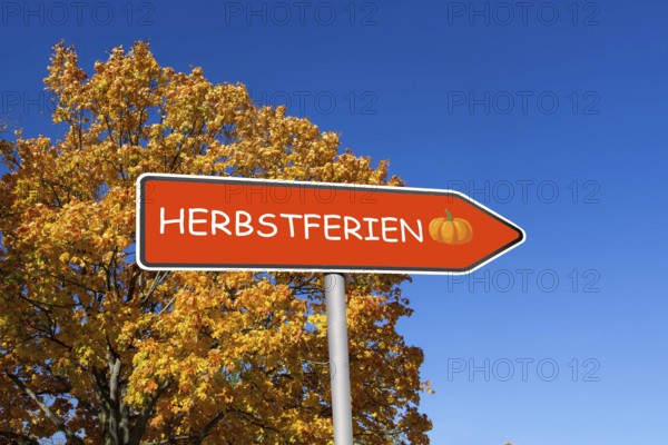 (Photomontage) Directional arrow with the inscription HERBSTFERIEN in front of an autumn-coloured tree