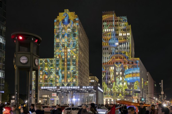 The Ritz-Carlton Hotel, Potsdamer Platz, 21st BERLIN FESTIVAL OF LIGHTS, motto Let's Shine Together, light installations, 8 October 2025, Berlin, Germany, opening day in drizzle < english> 21st BERLIN FESTIVAL OF LIGHTS, motto Let's Shine Together, light installations, October 8, 2025, Berlin, Germany