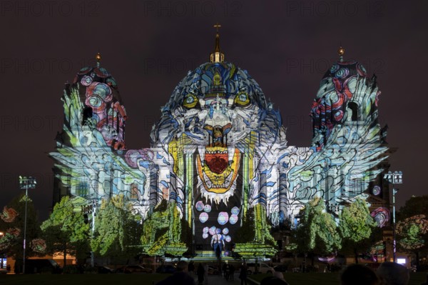 Berlin Cathedral, 21st BERLIN FESTIVAL OF LIGHTS, motto Let's Shine Together, light installations, 8 October 2025, Berlin, Germany, opening day in drizzle < english> 21st BERLIN FESTIVAL OF LIGHTS, motto Let's Shine Together, light installations, October 8, 2025, Berlin, Germany