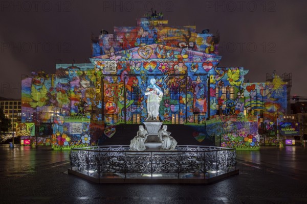 Concert hall Berlin, Gendarmenmarkt, 21st BERLIN FESTIVAL OF LIGHTS, motto Let's Shine Together, light installations, 8 October 2025, Berlin, Germany, opening day in the drizzle, art action The Hands of Berlin< english> 21st BERLIN FESTIVAL OF LIGHTS, motto Let's Shine Together, light installations, October 8, 2025