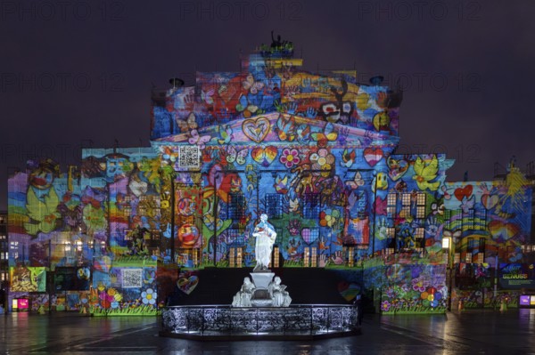 Concert hall Berlin, Gendarmenmarkt, 21st BERLIN FESTIVAL OF LIGHTS, motto Let's Shine Together, light installations, 8 October 2025, Berlin, Germany, opening day in drizzle, art action The Hands of Berlin< english> 21st BERLIN FESTIVAL OF LIGHTS, motto Let's Shine Together, light installations, October 8, 2025, Berlin, Germany