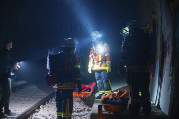 Group of firefighters ready for action on railway tracks at night, firefighting exercise in the new construction tunnel of the Hermann Hesse railway, Ostelsheim, Calw district, Germany