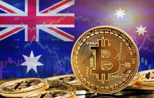 Investors in cryptocurrency and Blockchain Technology in Australia, Concept. Bitcoin with Australia flag in the background