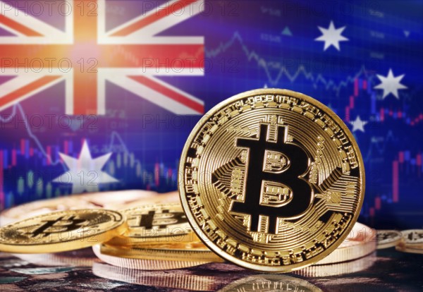 Bitcoin with Australia flag in the background. Investors in cryptocurrency and Blockchain Technology in Australia, Concept
