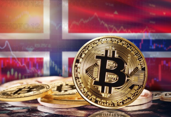 Bitcoin with Norway flag in the background. Investors in cryptocurrency and Blockchain Technology in Norway, Concept
