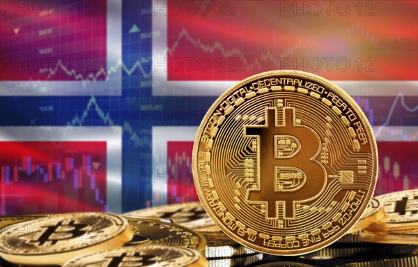 Investors in cryptocurrency and Blockchain Technology in Norway, Concept. Bitcoin with Norway flag in the background