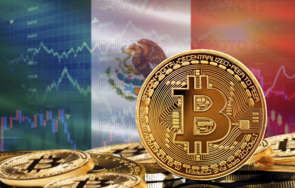 Investors in cryptocurrency and Blockchain Technology in Mexico, Concept. Bitcoin with Mexico flag in the background