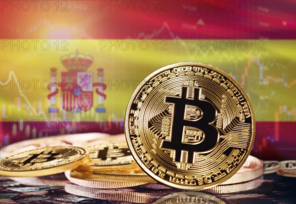 Bitcoin with Spain flag in the background. Investors in cryptocurrency and Blockchain Technology in Spain, Concept