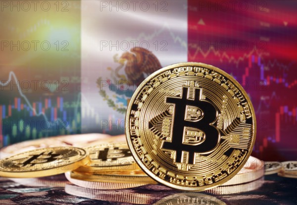 Bitcoin with Mexico flag in the background. Investors in cryptocurrency and Blockchain Technology in Mexico, Concept