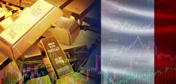 Gold bars stacked on French flag. France gold reserves, Concept