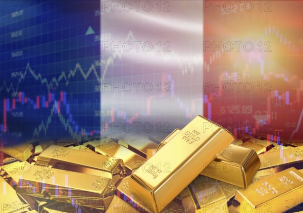 Gold bars on France flag in background. Gold bars stacked on French flag. Concept of France gold reserves