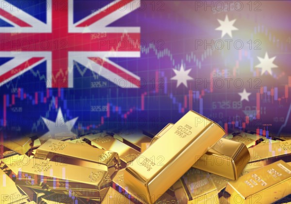 Gold bars on Australia flag in background. Gold bars stacked on Australian flag. Concept of Australia gold reserves