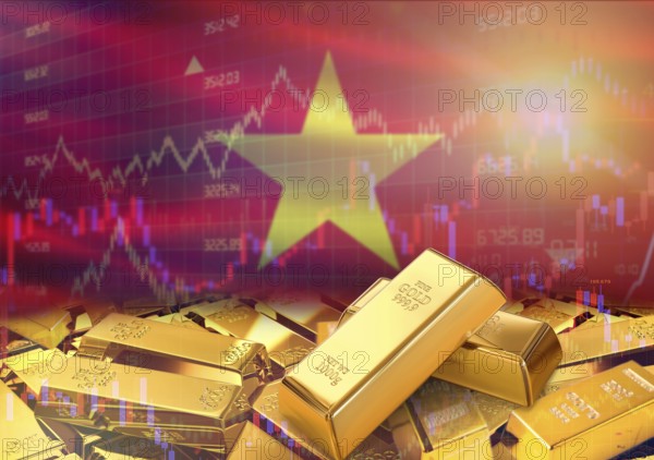 Gold bars on Vietnam flag in background. Gold bars stacked on Vietnamese flag. Concept of Vietnam gold reserves