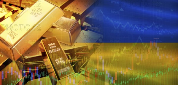 Gold bars stacked on Ukrainian flag. Ukraine gold reserves, Concept