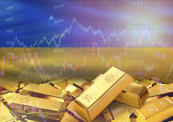 Gold bars on Ukraine flag in background. Gold bars stacked on Ukrainian flag. Concept of Ukraine gold reserves